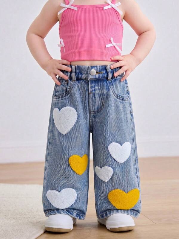 Baby Girl Denim Wide Leg Long Pants, Summer New Casual Cute Light Blue Denim Washed Distressed Craft Yellow & White Fuzzy Heart Patchwork Elastic Waist Loose Wide Leg Fit Lightweight Soft Fine Cotton Denim Fabric