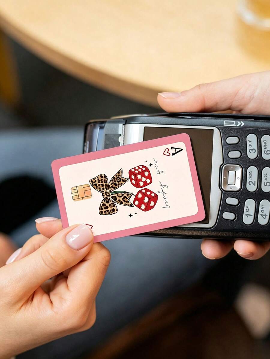1/2/4 Cute Red Heart Dice Leopard Print Credit Card Protective Sticker, Waterproof, Anti-Fingerprint, Anti-Scratch, Suitable For Party, Birthday Gift. PVC Material, Anti-Fingerprint, Anti-Scratch, Wear-Resistant, Suitable For Men, Women, Couples, Applicable To Small Chip Cards, Credit Cards, Transportation Cards, Student Campus Cards And Personalized Customization. - A - View 1