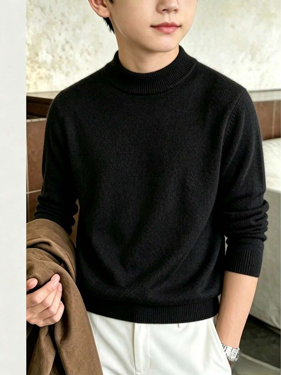 Big Boys' Solid Black Mock Neck Knit Sweater, Basic Long Sleeve Ribbed Cuff & Hem Soft Pullover Top, Casual Daily Autumn/Winter Children's Top - Black - View 1