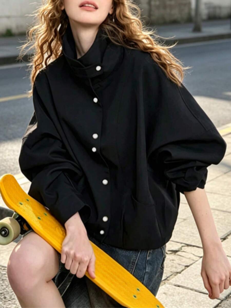 European And American Popular Fashion Casual Personalized Commute Loose Versatile Solid Color Pocket Front Button Stand Collar Batwing Sleeve Short Jacket Coat Suitable For Daily, College, Home Wear In Spring And Autumn - Black - View 1