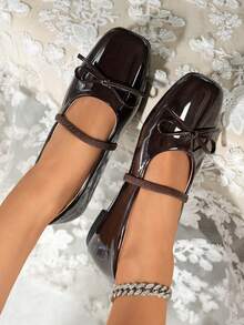 Women's Square Toe Bow Decor Brown Glossy Mary Jane Shoes Elastic Strap Slip-On Ballet Shoes Daily Flat Shoes - Brown - View 4