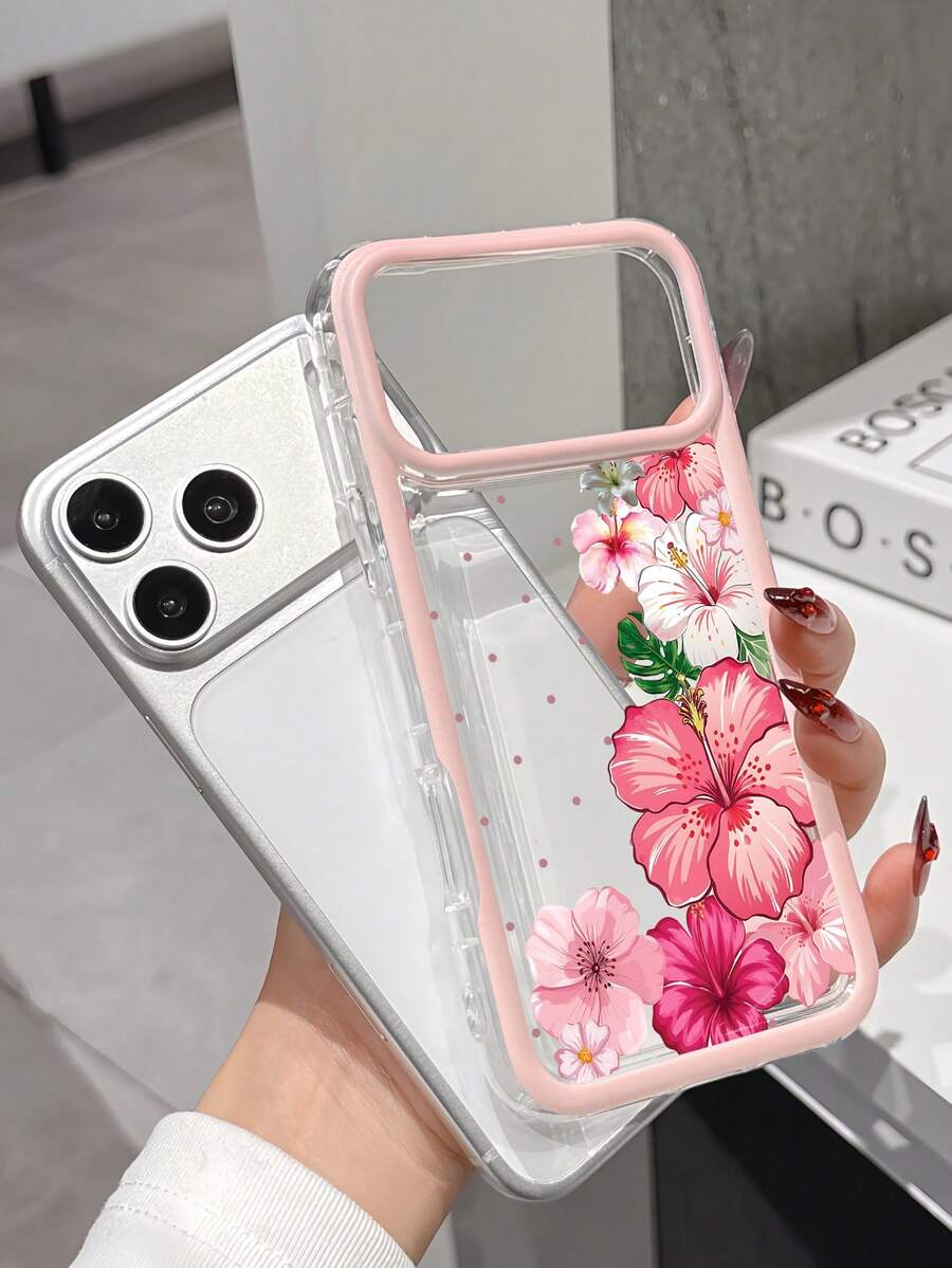 Contrast Frame Pink Cute Floral Apple Smartphone Case Protective Cover, Minimalist Transparent Coverage Perfect For Daily Use, Compatible With IPhone 16/16 Pro/16 Plus/15/15 Plus/15 Pro/15 Pro Max/17/17 Pro/17 Pro Max/12/13 Mini/Apple 13/13 Pro Max/11/11 Pro Max/12 Pro Max Transparent Soft Shell, Exquisite Gift For Friends, Classmates, Lovers Or Yourself - Pink - View 1