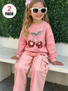 2pcs Set For Young Girls, With Cherry Pattern Crew Neck Long Sleeve Sweatshirt + Cargo Pants, Soft Fabric Casual Clothings, For Autumn&Wint Wear - Pink - View 2