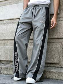 1pc Men's Sporty Lightweight Wide Leg Pants, Side Contrast Color Letter Print Light Gray Woven Convertible Hem Casual Long Pants - Black - View 3