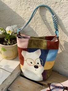 Cute Cartoon White Dog Bucket Crossbody Bag, Color Block Patchwork Splicing Canvas Shoulder Purse With Glasses Puppy Print. - Multicolor - View 3