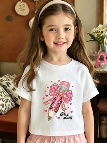 Tween Girls'  Cotton Cropped Cuffed Sleeve Tee, Graphic Print,  Cute Sweet Preppy Girl Style - White - View 2