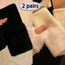 1/2 Pairs Women's Solid Color Warm Knitted Half-Finger Gloves, Soft Knitted Wrist Warm Gloves, Suitable For Touchscreen Office, Student Writing, Cycling Frost Protection - Multicolor - View 8