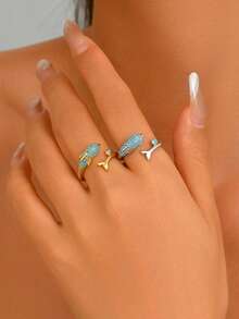 1pc Fully Pave Zirconia Dolphin Open Ring, Fresh Ocean Girl Style, Beach Vacation Daily Wear, Gift Ring - Multicolor - View 1