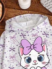 Girls Cute Purple Bow Digital Print Pullover Sweatshirt, Long Sleeve Pullover Sweatshirt With Cat Pattern, Suitable For Autumn/Winter Daily Wear - Multicolor - View 5