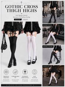 1/2 paires de bas cuissardes gothiques à croix, chaussettes noires/blanches souples et extensibles auto-tenant au-dessus du genou pour Lolita, rue, fête & port quotidien - Multicolore - Voir 2