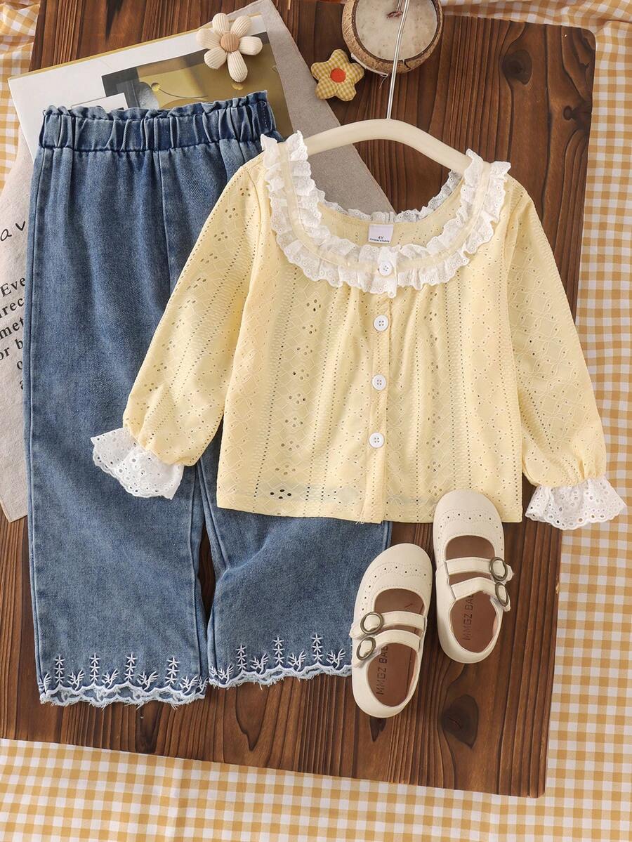2pcs Girls Fresh Sweet Style Hollow Lace Trim Square Neck Long Sleeve Cardigan Top With Embroidered Hem Straight Leg Denim Jeans Set, Spring/Autumn - Gold - View 1