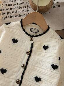 1pc Korean Style Girls Heart Print Hollow Knit Cardigan, Contrast Trim Round Neck Single-Breasted Long Sleeve Top, Breathable Versatile Knit Top For Toddlers In Spring And Autumn - Beige - View 4