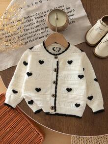 1pc Korean Style Girls Heart Print Hollow Knit Cardigan, Contrast Trim Round Neck Single-Breasted Long Sleeve Top, Breathable Versatile Knit Top For Toddlers In Spring And Autumn - Beige - View 9