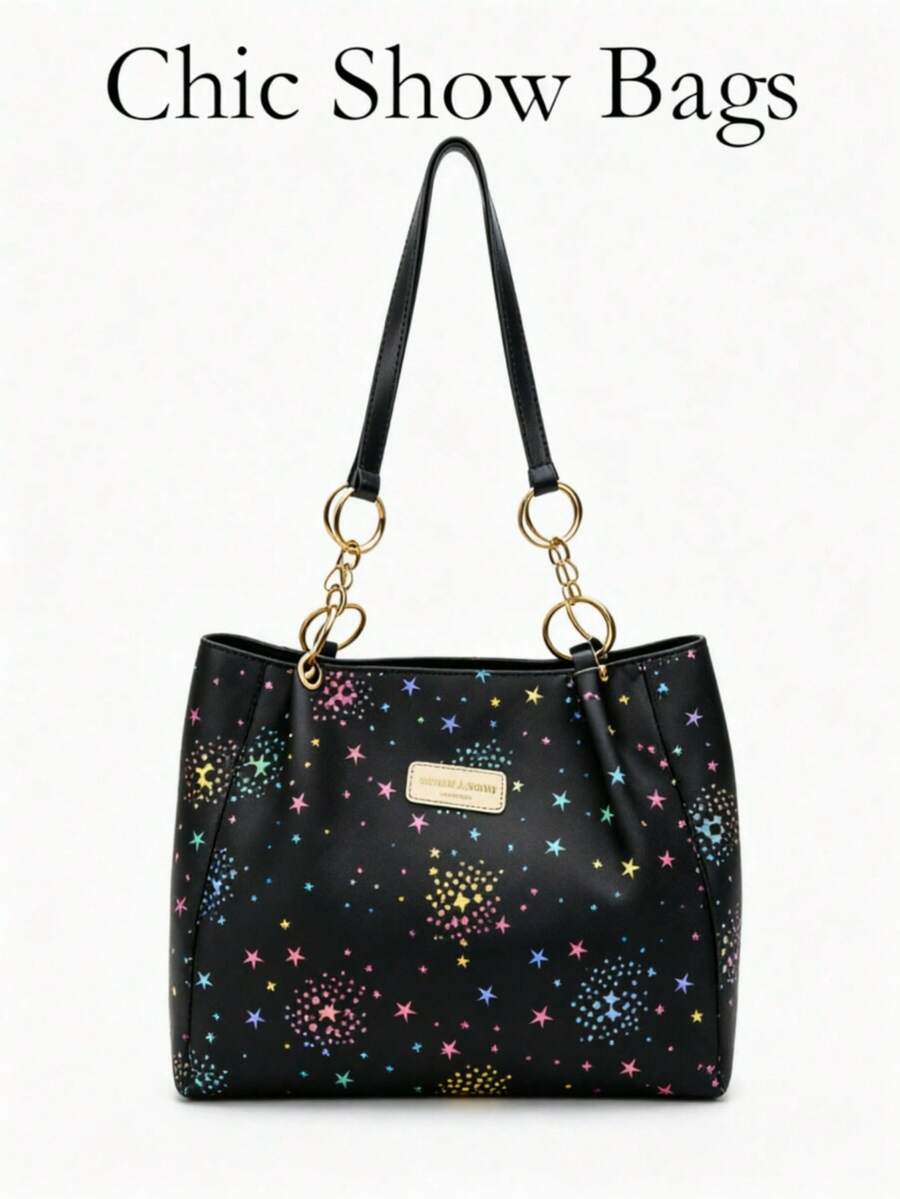 Shoulder Tote Bag, Colorful Star Pattern, Dual Shoulder Strap Leather Label, Large Capacity Daily Storage, Sweet Casual Style, Suitable For Spring/Summer Daily, Women/Girls