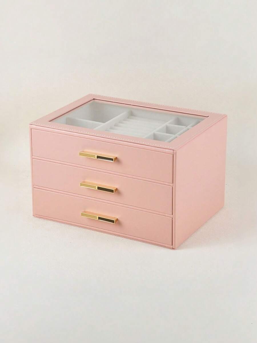 Schmuckkasten für Damen, Schmuckorganizer mit Glasdeckel, mit 3 Schubladen, für Halsketten, Ringe, Ohrringe, Armbänder, Weihnachtsgeschenk - Verschiedenfarbig - Übersicht 1