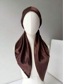 1pc Elegant Women's No-Tie Elastic Satin Headscarf, Solid Color Printed, Versatile Hair Accessory For Beach And Daily Wear - Coffee Brown - View 4