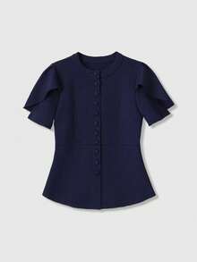 Spring Summer Autumn Solid Color Split Petal Sleeve Knit Cardigan - Navy Blue - View 4
