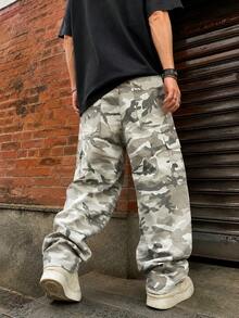 American Fashion Versatile Retro White & Grey Camo Denim Jeans With Large Pockets Straight Leg Cargo Pants Cool Vibe Casual Pants - Light Grey - View 2
