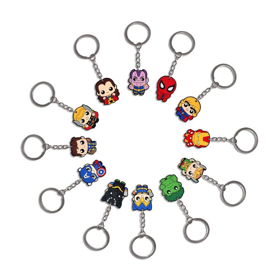 12pcs Avengers Chibi Cartoon PVC Soft Rubber Keychain Assorted Set, Thor Super Hero Silicone Keychains, Birthday Party Gift Bag Fillers, Backpack Pendant Decorative Accessories - Multicolor - View 1