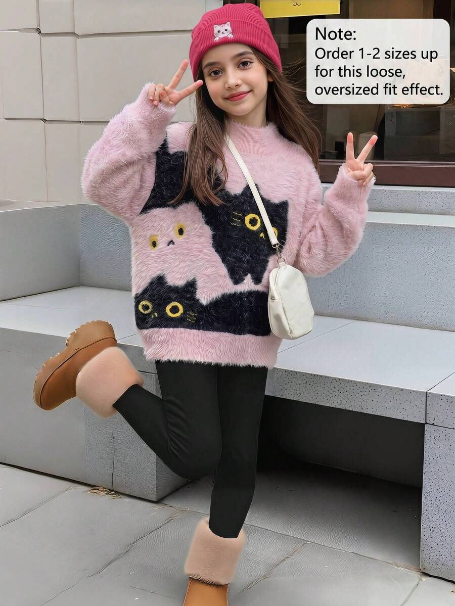 Sweater Rajut Pullover Bulu Imitasi Motif Kucing Lucu untuk Anak Perempuan, Cocok untuk Pakaian Kasual Sehari-hari di Musim Semi, Gugur, dan Dingin - Berwarna merah muda - View 1