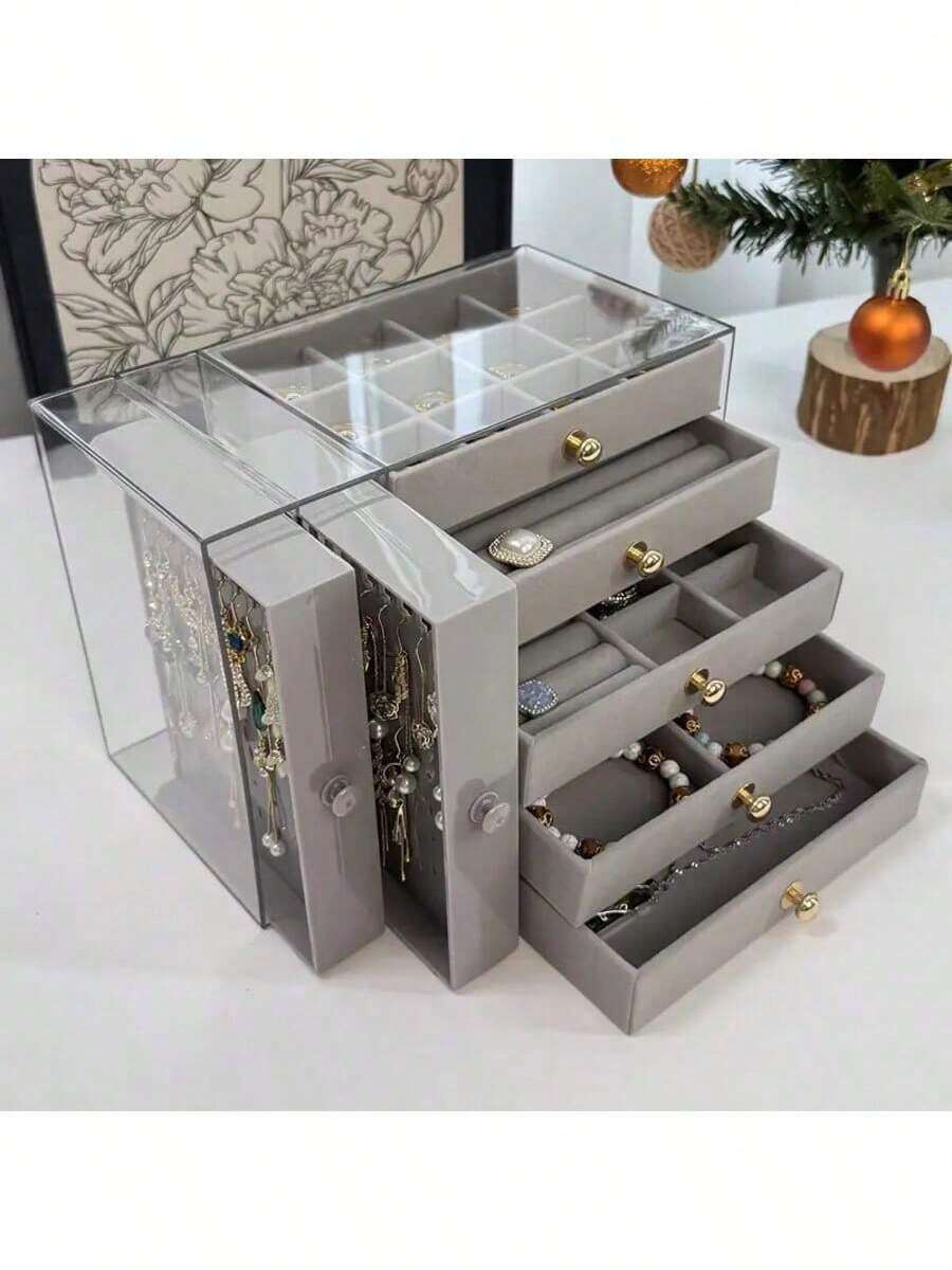 Multi-Layer Drawer Style. Multi-Functional Transparent Desktop Large Capacity Drawer Jewelry Box, Bracelet And Bangle Storage Box, Multi-Layer Divided Watch Storage Box, Ring Box, Earring Storage Box, Necklace Rack, Stud Earring Storage Box, Jewelry Storage Box, Stackable Drawer Jewelry Storage Box, Multi-Purpose Drawer Jewelry Box, Jewelry Storage And Organizer Box