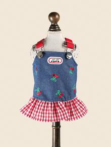 PETCIRCLE 1件寵物衣服 小狗幼犬貓用 可愛甜美風刺繡櫻桃圖案無袖背心裙 - 彩色 - 查看 6