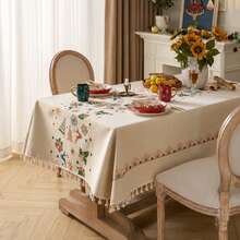 1pc Christmas Tablecloth, Vintage Printed Tassel Table Cover For Dining Table, Kitchen, Home Party Decor, Rectangle, Cream White - Multicolor - View 3