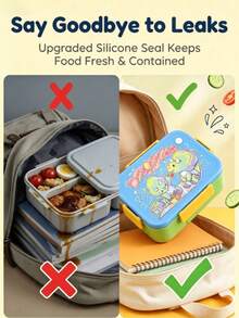 Cartoon Dinosaur Space Theme 3-Compartment Leak-Proof Bento Box, Portable Sealed Divided Lunch Box With Spoon And Fork, Food Storage Container For Students, Outdoor Picnic And Daily Office Use - Multicolor - View 6