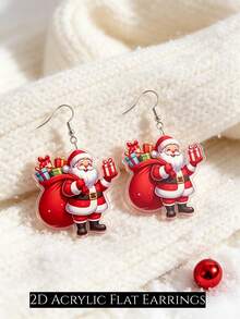2D Santa Claus Gift Pendant Earrings, Flat Acrylic Double-Sided Print, Christmas Cartoon Lightweight Ear Accessories, Perfect Halloween, Thanksgiving, Christmas Gift For Girls And Women, Cute Fashion Accessory Suitable For Any Occasion - Santa Claus - View 7