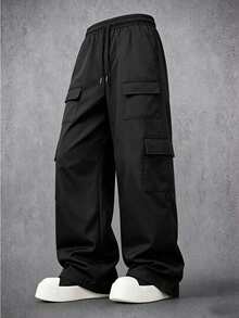 Men's Loose Wide Leg Multi-Pocket Functional Cargo Streetwear Casual Pants, Suitable For Daily Wear, Perfect Gift For Boyfriend Or Husband - Black - View 1