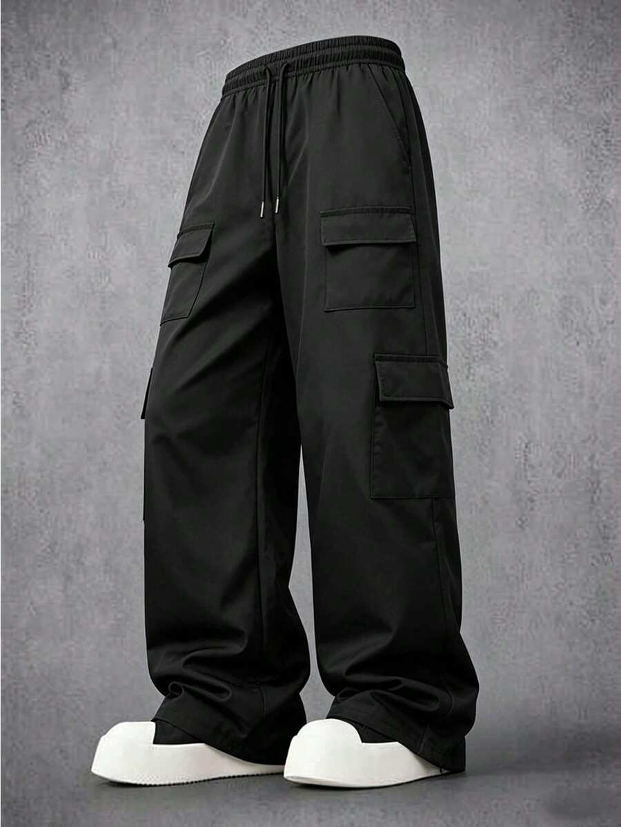 Men's Loose Wide Leg Multi-Pocket Functional Cargo Streetwear Casual Pants, Suitable For Daily Wear, Perfect Gift For Boyfriend Or Husband - Black - View 1