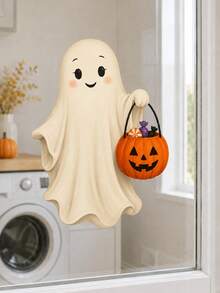 1pc Halloween Cute Trick-Or-Treat Ghost With Pumpkin Candy Bucket Window Sticker, Self-Adhesive Peel And Stick PVC Window Decal, Waterproof Removable Glass Door Decor For Living Room Bedroom Kitchen Kids Room & Halloween Party Home Decoration - Multicolor 2 - View 7
