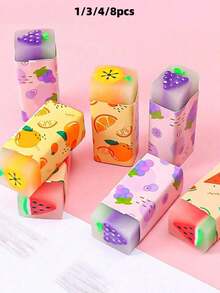 8/6/5/4/3/1pc Cute Creative Fruit Shaped Erasers, Novel Stationery School Supplies, Perfect Gift For Students/Partial Accessories, Random Color, Text, Pattern, Shape - Multiple Styles - View 1