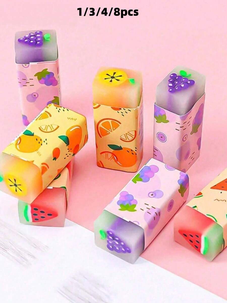 8/6/5/4/3/1pc Cute Creative Fruit Shaped Erasers, Novel Stationery School Supplies, Perfect Gift For Students/Partial Accessories, Random Color, Text, Pattern, Shape - Multiple Styles - View 1