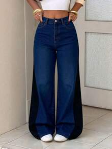 Pantalones de mezclilla rectos lavado, elásticos, efecto levantador de glúteos, control abdominal y caída amplia - Azul lavado oscuro - Ver 4