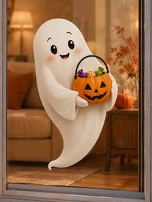1pc Halloween Cute Trick-Or-Treat Ghost With Pumpkin Candy Bucket Window Sticker, Self-Adhesive Peel And Stick PVC Window Decal, Waterproof Removable Glass Door Decor For Living Room Bedroom Kitchen Kids Room & Halloween Party Home Decoration - Multicolor 2 - View 8