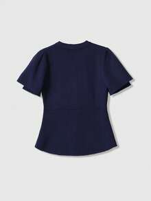 Spring Summer Autumn Solid Color Split Petal Sleeve Knit Cardigan - Navy Blue - View 5