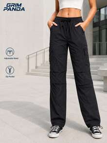 GRIM PANDA 1pc Women's Quick-Dry UPF Sun Protection Cargo Pants With Drawstring Waist, Shell Outdoor Hiking Running Travel Sports Pants Black Fall - Black - View 9