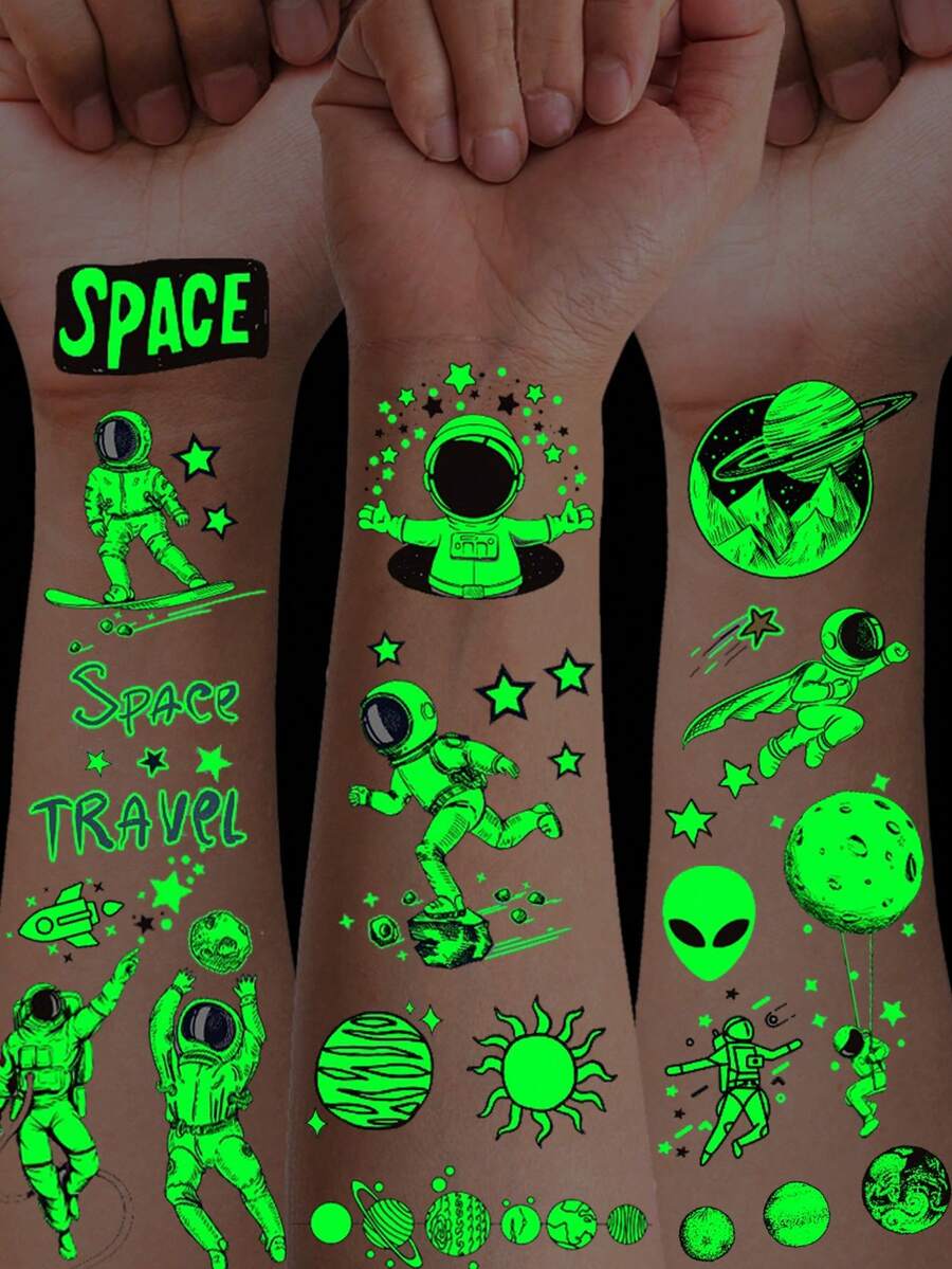 zillor 12 Sheets Luminous Astronaut Space Travel Temporary Tattoos, Glow In The Dark Planet Outer Space Travel Astronaut Spacecraft Rocketship Stars Patterns, Birthday Party Favors Supply, Decoration At Music Festival Parties & Nightclub, Lasting 2-5 Days