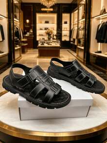 Men's Sports Sandals Outdoor Beach Shoes Plus Size Couple Style Summer Roman Style PU Material Shoes - Black - View 4