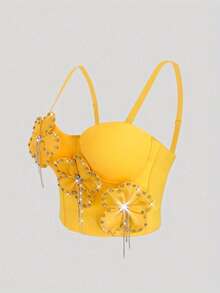 3D Floral Rhinestone Sexy Fishbone Strap Top, Hip Hop Rock Music Festival Casual - Yellow - View 4
