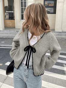 Cardigan Rajut Kasual Leher V Ukuran Besar untuk Wanita, Trim Kontras, dan Tali Depan, Musim Gugur/Dingin - Grey - View 3