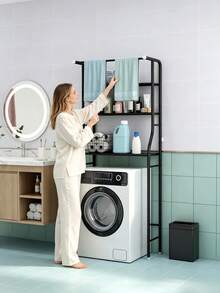 Multi-Layer Storage Rack For Washing Machines, Featuring Divided Storage Layers, A Top Pole For Hanging Towels, Side Hooks For Cleaning Tools, And Maximizing Unused Space In Bathrooms - Multicolor - View 3