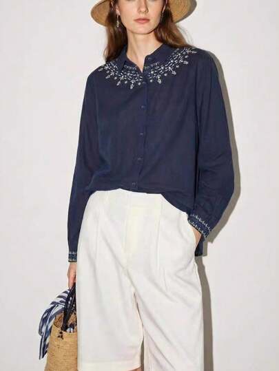 Women's Autumn Fashion Casual Embroidered Versatile Commute Long Sleeve Blouse