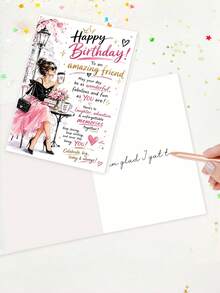 1pc Birthday Card With Envelope - "Happy Birthday To An Amazing Friend" Chic Fashion Illustration Greeting For Female Bestie, Birthday Celebration Gift, Blank Inside - View 4