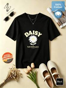 Daisy Fresh Natural Romantic Pastoral Pure Cotton DAISY Daisy And Soft Little Joys Print Women's Short Sleeve Daily Commute Spring/Summer - Black - View 1