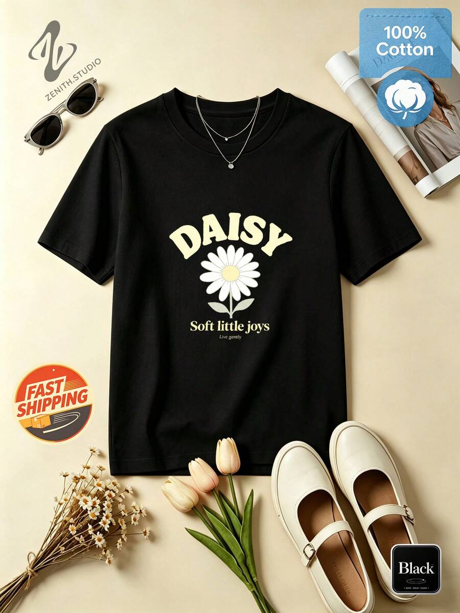 Daisy Fresh Natural Romantic Pastoral Pure Cotton DAISY Daisy And Soft Little Joys Print Women's Short Sleeve Daily Commute Spring/Summer - Black - View 1