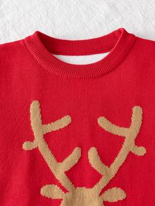 Young Girl Cute Christmas Reindeer Jacquard Knit Crew Neck Pullover Sweater Long Sleeve, Suitable For Daily Wear, Party, Spring, Autumn, Winter - Red - View 3