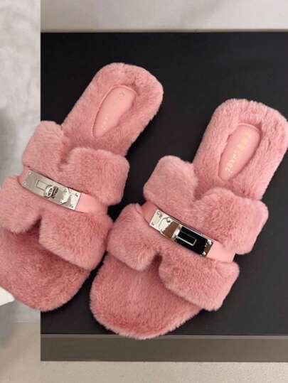 Pink Fluffy Faux Fur Open Toe Slide Slippers With Metal Chain Decor, Flat Bottom, Plush Lining, Warm Fuzzy House Shoes For Women, Indoor And Outdoor