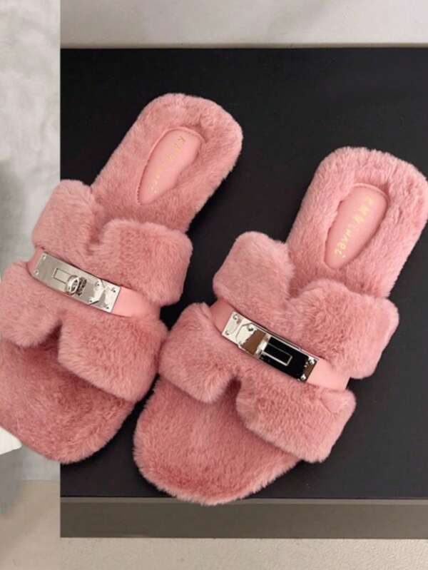 Pink Fluffy Faux Fur Open Toe Slide Slippers With Metal Chain Decor, Flat Bottom, Plush Lining, Warm Fuzzy House Shoes For Women, Indoor And Outdoor